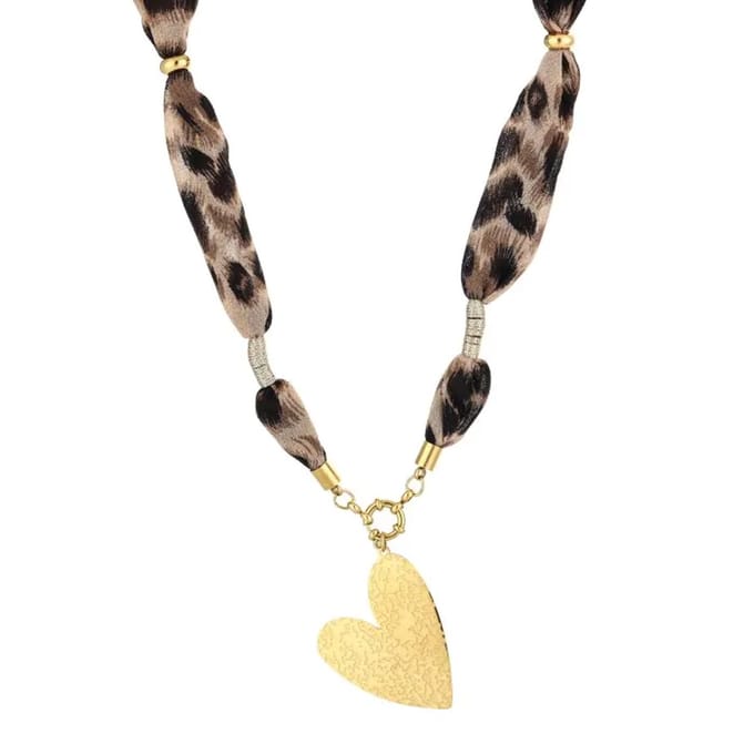 Bijoutheek Collier Bandana Stof Gehamerd Hart Leopard