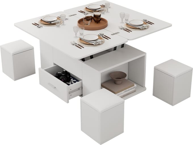 MODFU Salontafel 100x50 cm van spanplaat, uitschuifbaar tot 100x100 cm, hoogteverstelbaar, wit, 4 hockers