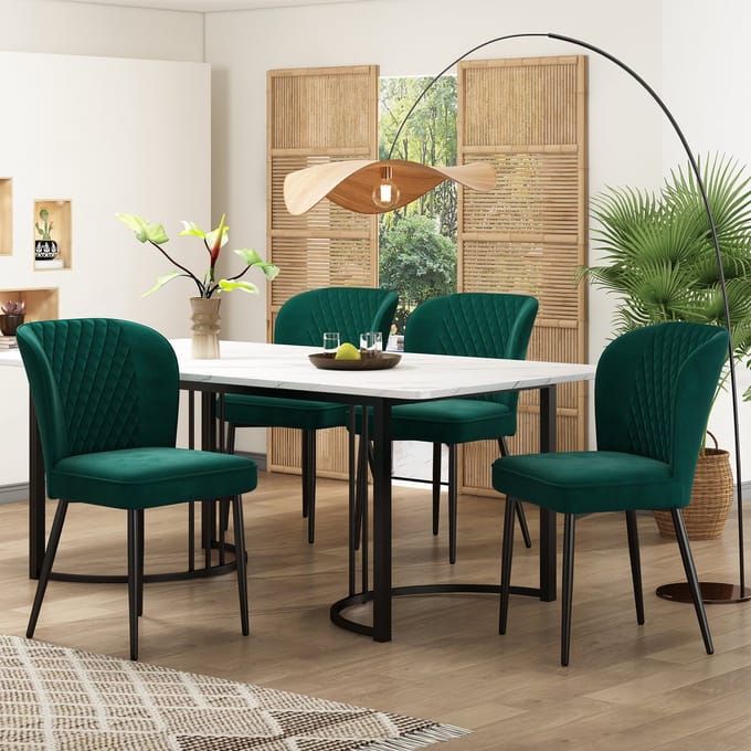 MODFU - Eethoekset - 4 Gestoffeerde Stoelen Met Rugleuning - Modern - Voor Eethoek - Fluweel, MDF En Metaal - Donkergroen En Wit