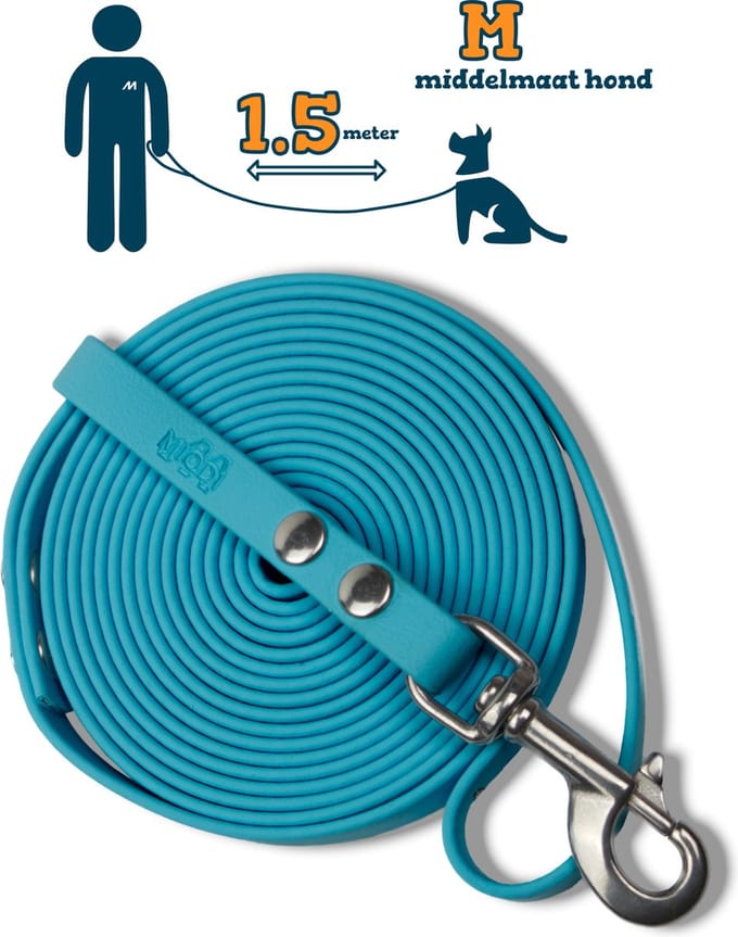 Miqdi hondenriem - BioThane® – lichtblauw – 1.5 meter lang – 13mm breed – M – middelmaat hond