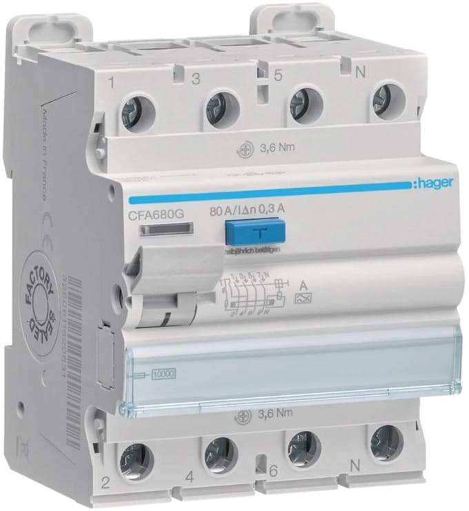 Hager aardlekschakelaar 4-polig 80A 300mA type A (CFA680G)