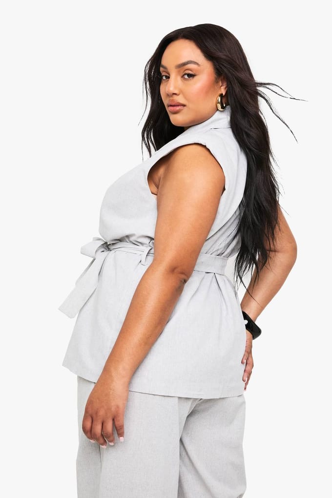 boohoo Dames Plus linnen-look mouwloze blazer met ceintuur | Grey Marl | Maat: 26