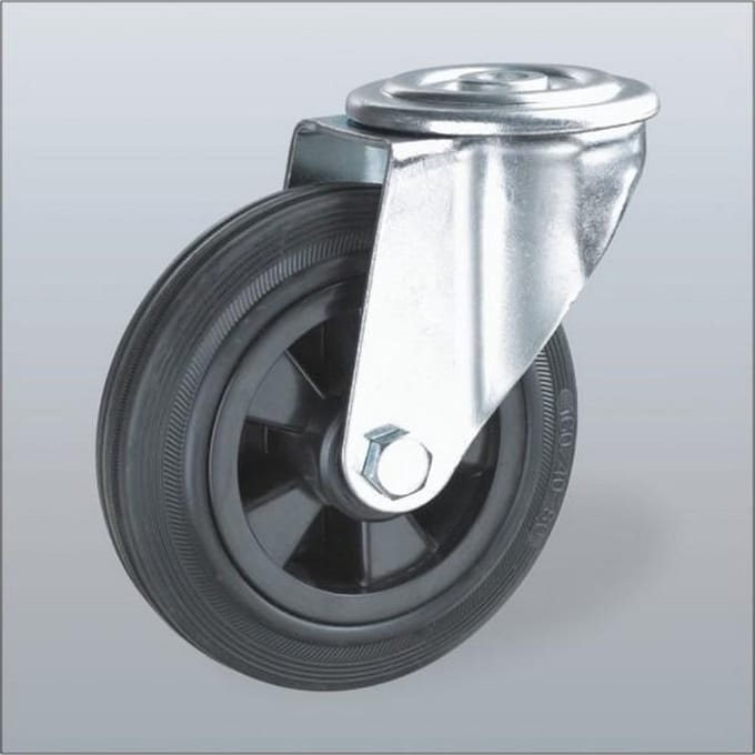 Rubber zwenkwiel met centraal gat - 80mm - 60kg