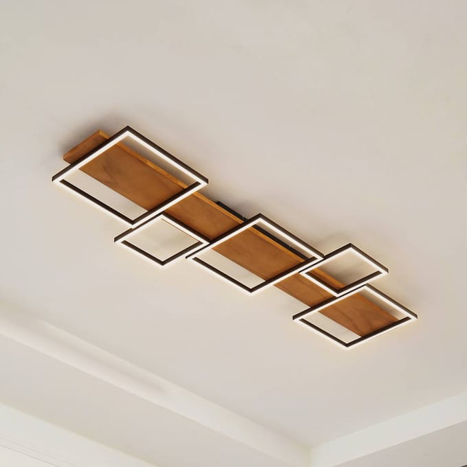 Lindby LED plafondlamp Galad, zwart, hout, 5-lamps, 140 cm