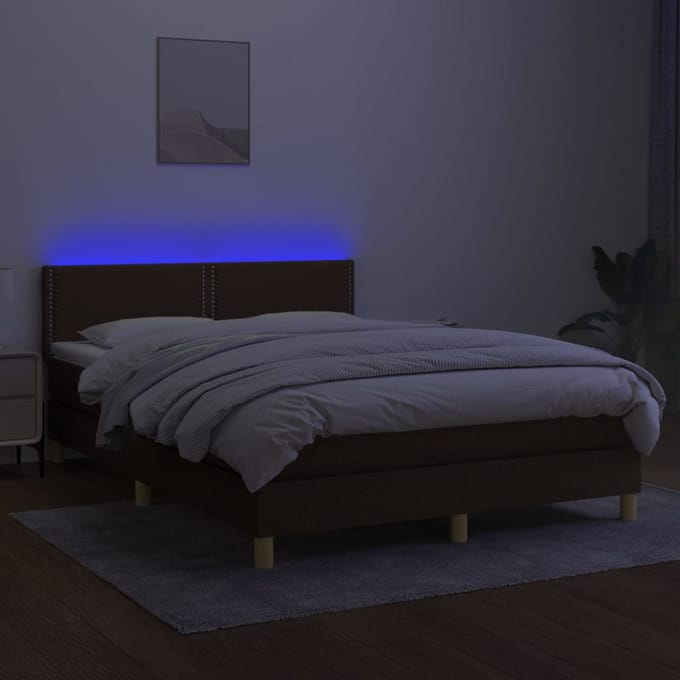vidaXL - Boxspring - met - matras - en - LED - stof - donkerbruin - 140x200 - cm