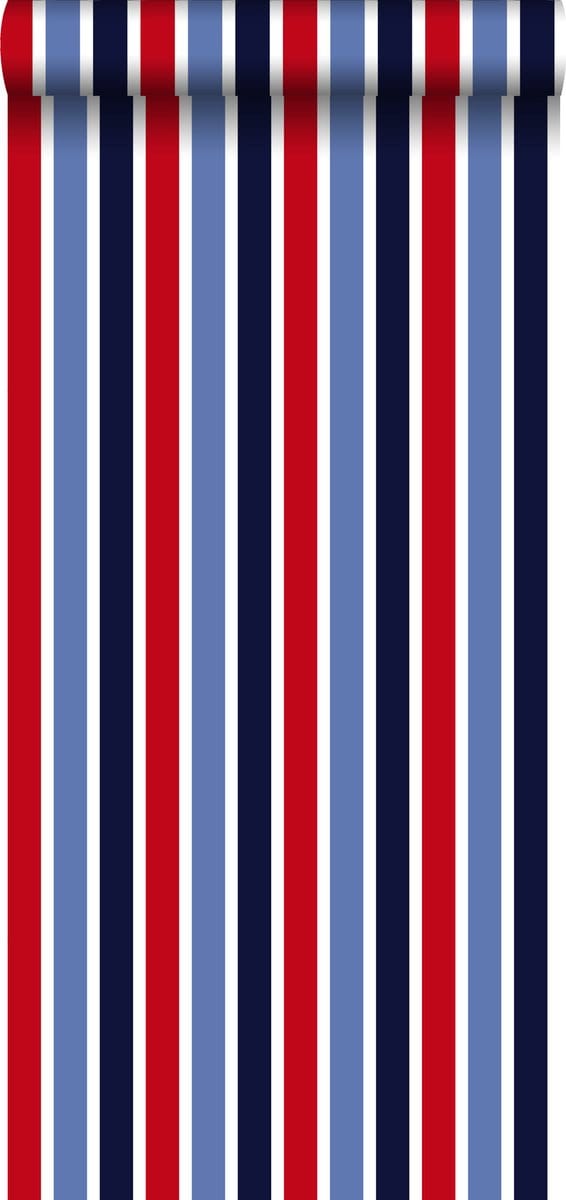 ESTAhome behang verticale strepen donkerblauw, rood en wit - 53 cm x 10.05 m - 138705