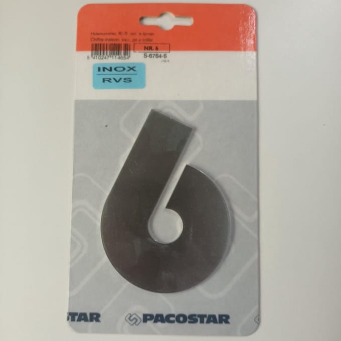 Huisnummer "6" Pacostar Inox RVS Lijm 103mm