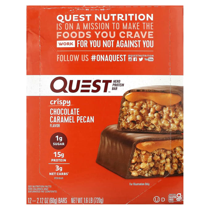 Quest Nutrition, barres protéinées Hero, saveur chocolat caramel et noix de pécan croustillantes, 12 barres de 60 g (2,12 onces) chaque
