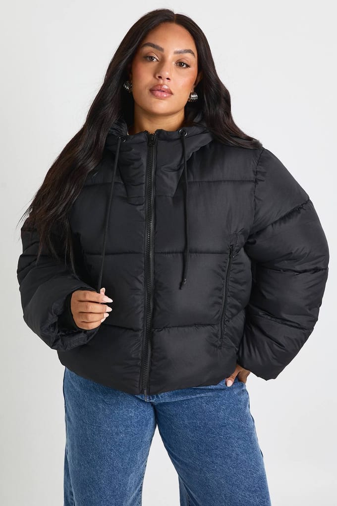 boohoo Dames Plus Capuchon Gewatteerde Puffer Jas | Zwart | Maat: 46