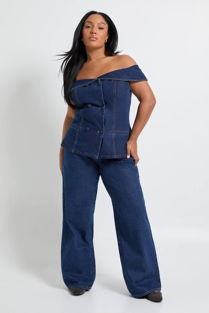 boohoo Dames Plus Wide Leg Jeans | Indigo | Maat: 48
