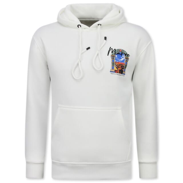 Oversized Hoodie Heren met Capuchon - Maroc Print - Dik Geweven - 5818 - Wit