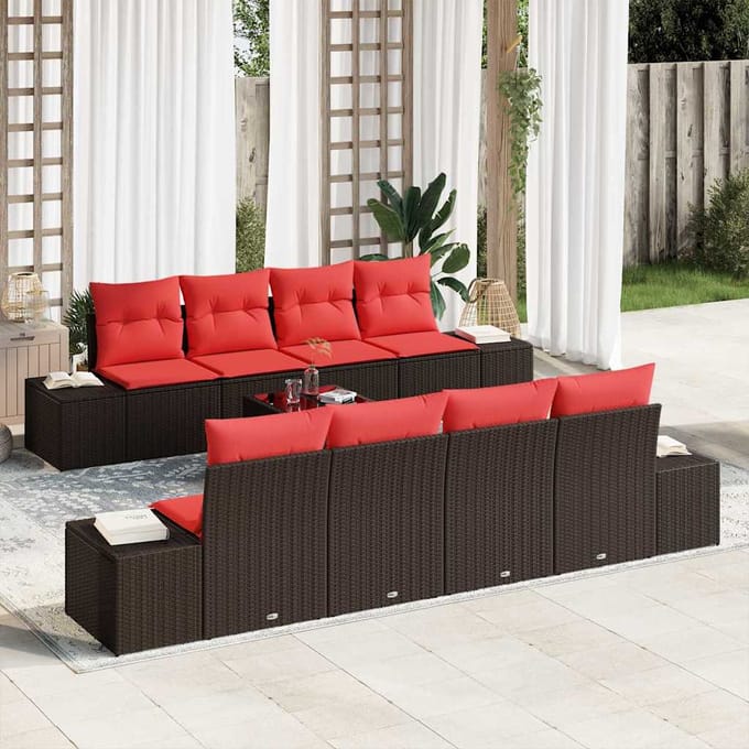 vidaXL - Tuinbank - Set - 9 - st - Beige - en - Rood - poly - rattan