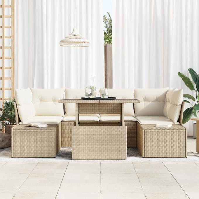 vidaXL - Bankstel - 7 - st - Beige - en - Crème - poly - rattan