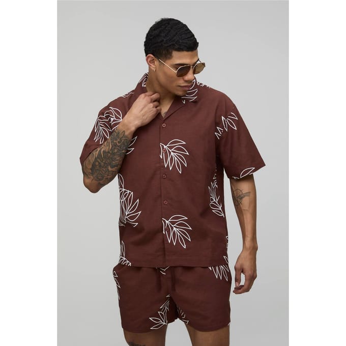 Oversized Linnen Shirt Met Palmboom Borduursel & Relaxed Short Set | Chocolate | Size Medium