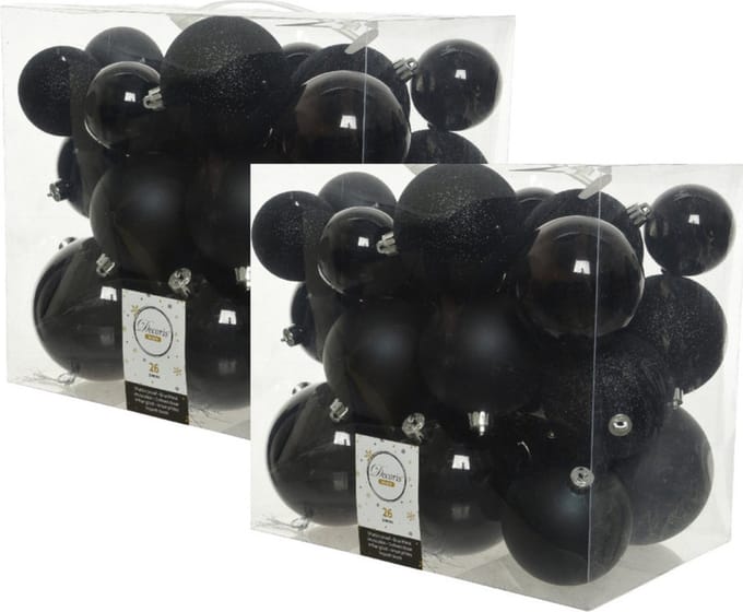 Decoris Kerstballen - 52x st - zwart - 6-8-10 cm - kunststof - kerstversiering