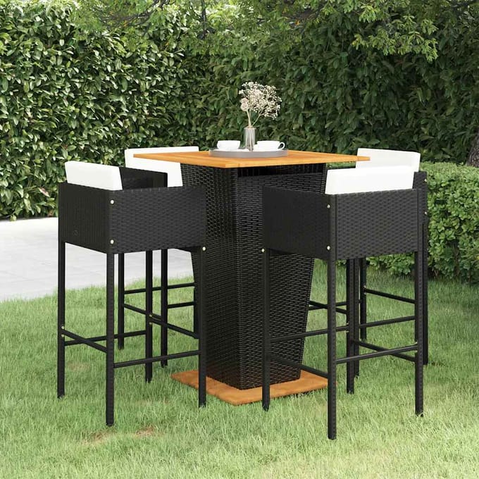 vidaXL - 5-delige - Tuinbarset - met - kussens - poly - rattan - zwart
