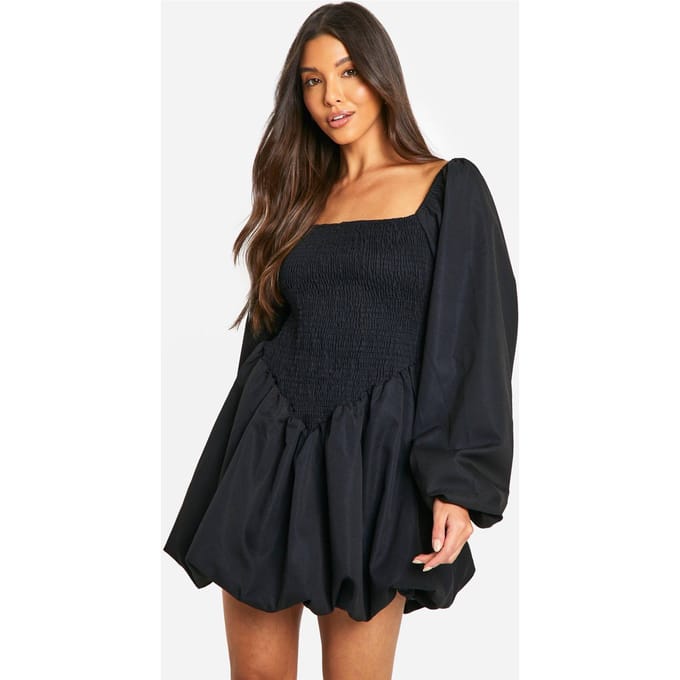 boohoo Dames Gerimpelde Lange Mouw Smock Jurk | Zwart | Maat: 36