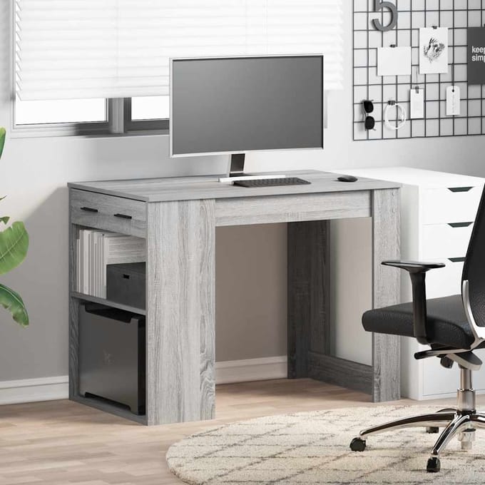vidaXL - Bureau - met - lade&plank - 102x62x77,5 - cm - bewerkt - hout - grijs - sonoma