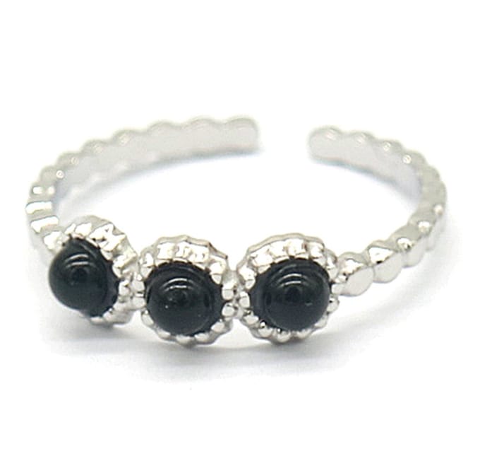 Ring met Zwarte Agaat - RVS - One Size - Zilverkleurig