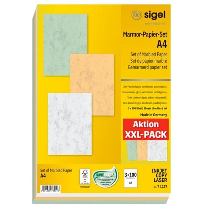 XXL-pak met 300 bladen marmerpapier set 3 kleuren - 90 g/m²