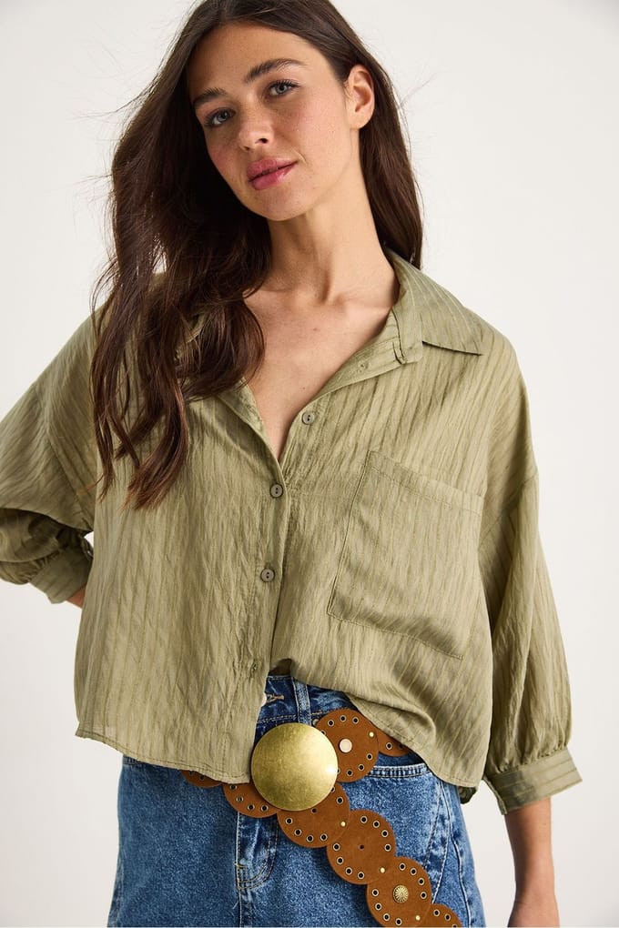 Gestructureerde Gestreepte Cropped Shirt met Knopen en Zak