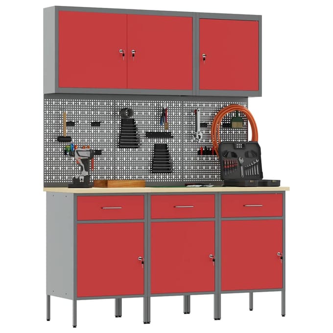 vidaXL - Werk - Cabinet - 8 - st - Rood - en - Grijs - Engineered - hout - en - staal
