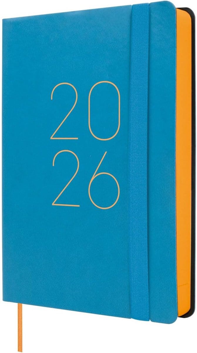 Jaarkalender 2026 - Dagplanner met Elastiek en Puntband, Flexibele Omslag Blauw
