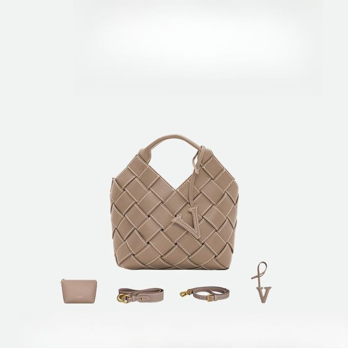 Luxe, Niche Ontwerp, Modieuze Handtas met Schouderband, Handgemaakte Geweven Leren Tas brown