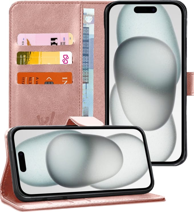 Hoesje geschikt voor iPhone 15 Plus - Book Case Kunstleer Pasjeshouder Rosegoud