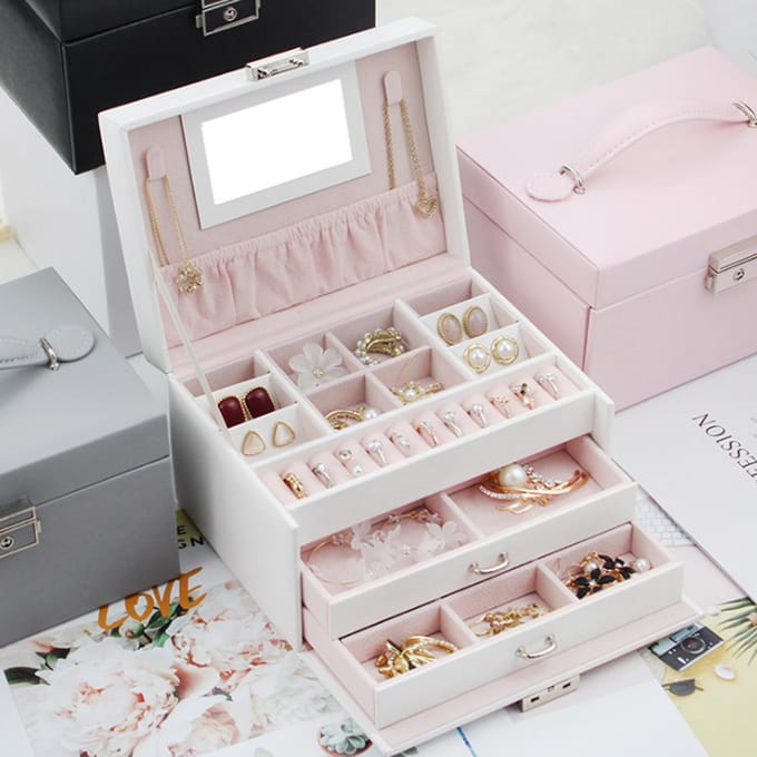 Sieradenorganizer 3-laags grote capaciteit sieradendoos oorbellen ketting ringen houder met make-up grijs