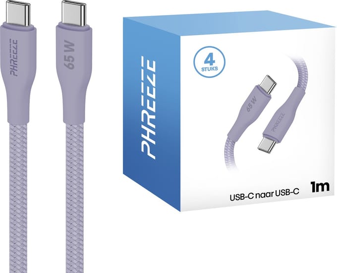 Usb C kabel 65w - 4 pack - Paars - 1 meter - Stevig nylon - Type C oplaadkabel - Phreeze