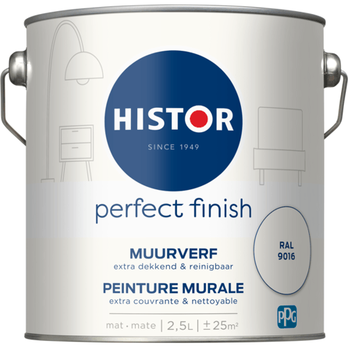 Histor Perfect Finish Muurverf Mat - Perfecte Dekking - Geurarm - 2.5L - RAL 9016 - Wit