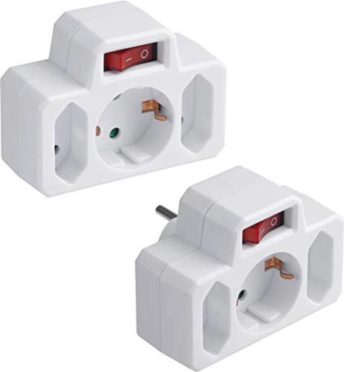 Tussenstekker 3-voudig - Set van 2 - Euro en Schuko - Verlichte Schakelaar - Wit - Energiebesparend - Voor Binnengebruik