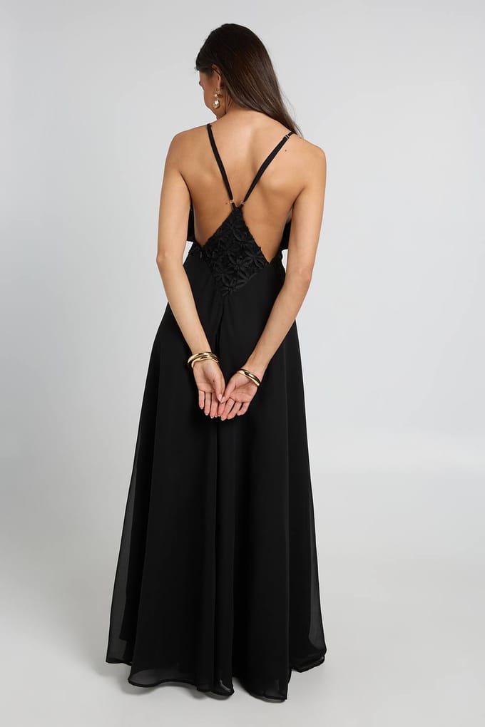 boohoo Dames Chiffon Maxi Jurk Met Applicatie Detail En Floaty Effect | Zwart | Maat: 42