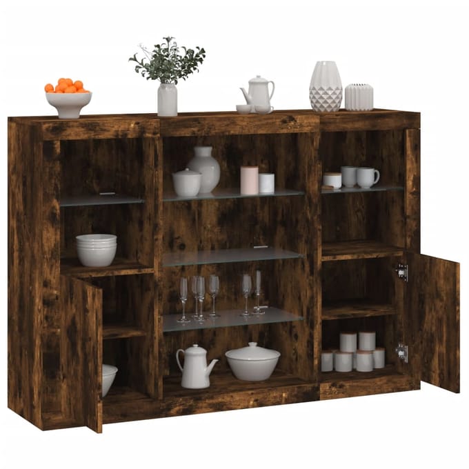 vidaXL - Dressoirs - met - LED-verlichting - 3 - st - bewerkt - hout - gerookt - eiken