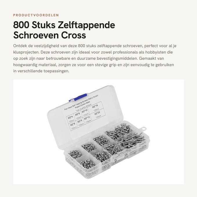 Dailygoods- Zelftappende Schroeven 800 Stuks - Cross Pan Head - Assortiment Box - Plastic Case - Boren Staartschroeven - Kwaliteitsborging