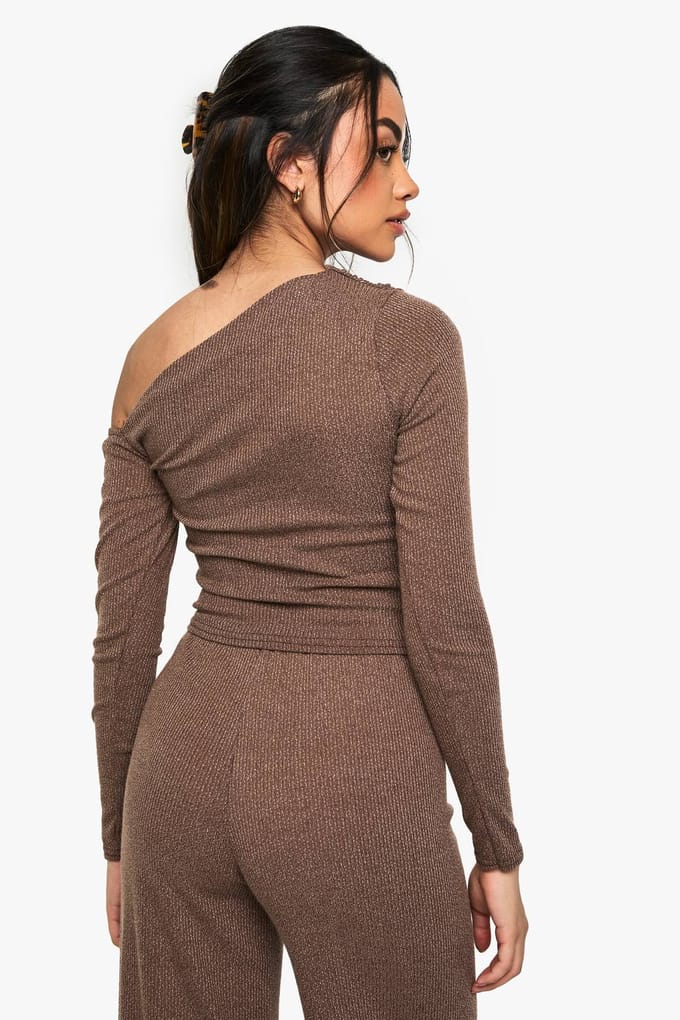 boohoo Dames Rib Asym Halslijn Geraffelde Langmouw Top | Chocolate | Maat: 10
