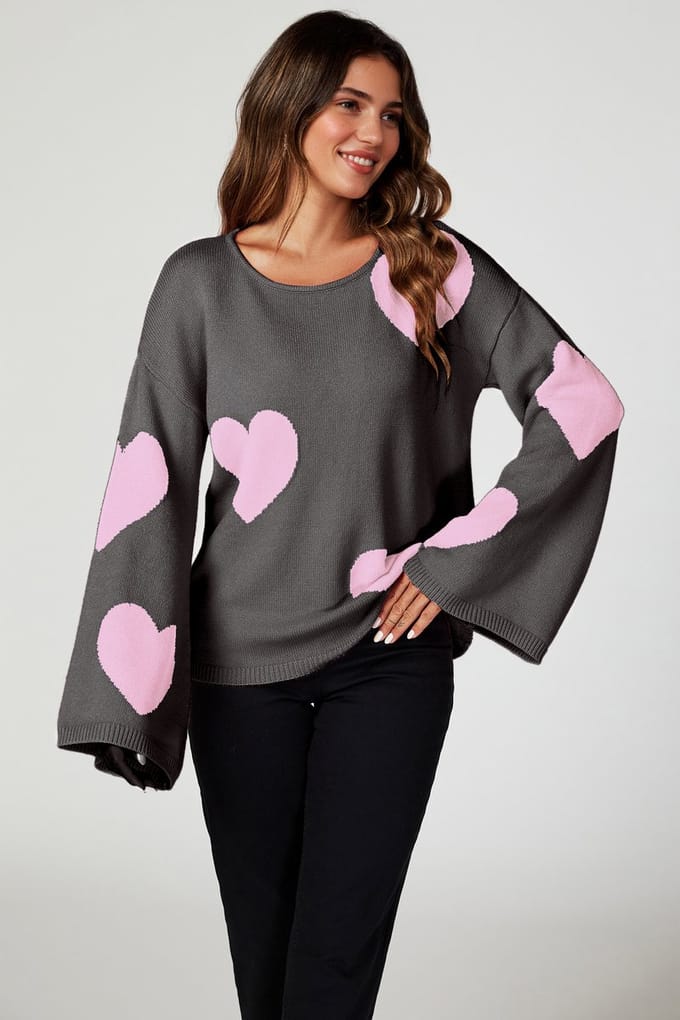 Oversized trui met wijde mouwen en hartjesmotief in donkergrijs
