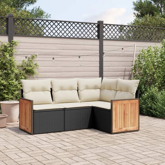vidaXL - 4-delige - Loungeset - met - kussens - poly - rattan - zwart