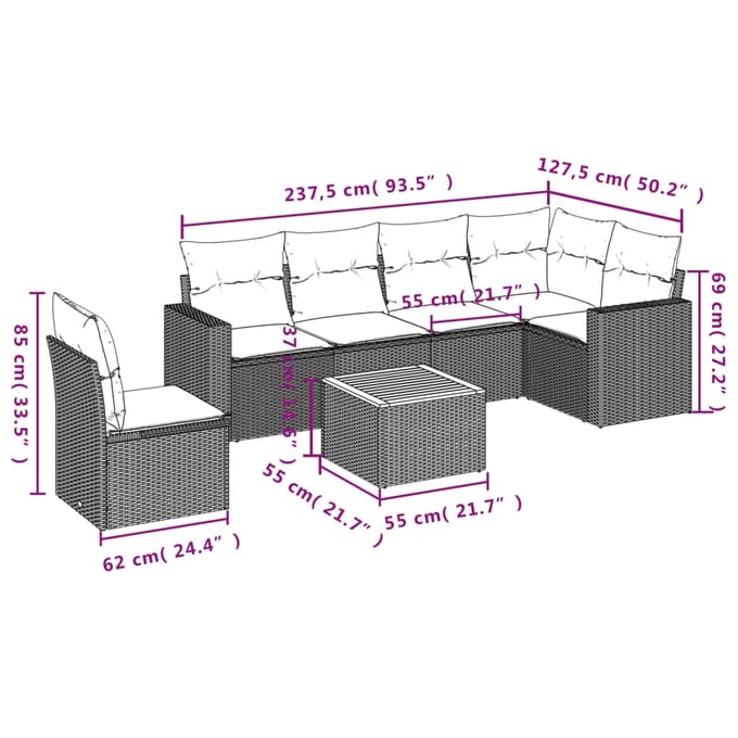 vidaXL - 7-delige - Loungeset - met - kussens - poly - rattan - grijs