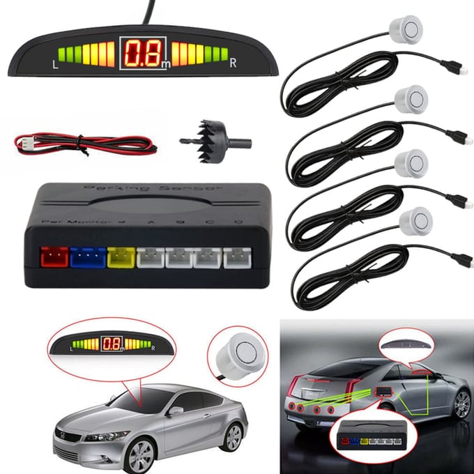 Hexinex Einparkhilfe Display + Ton 4 Sensoren Rückfahrwarner Parkhilfe PDC Sensor Zilver