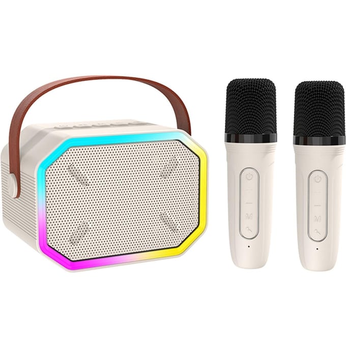 Mini BT Karaoke Machine Karaoke Speaker met Draadloze Microfoons Verblindend Kleurlichteffect voor 2 mics wit