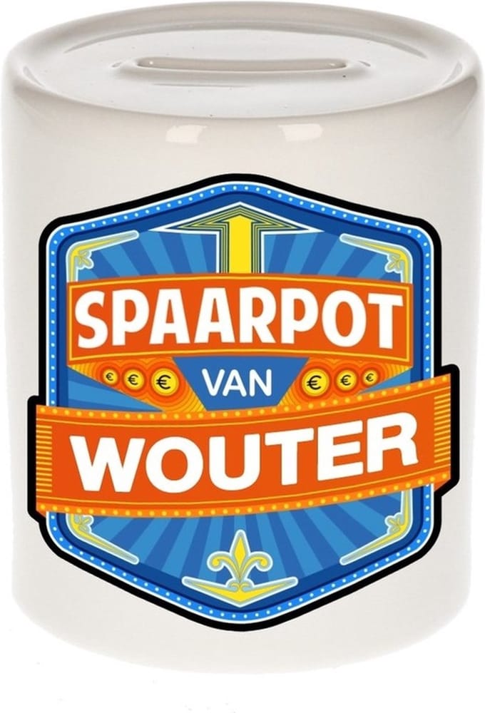 Bellatio Decorations Kinder spaarpot met naam - Wouter - keramiek - met dop - wit - Sparen - Spaargeld van Wouter