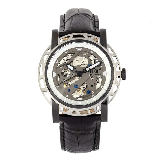 Reign Stavros automatisch skelet horloge met leren band