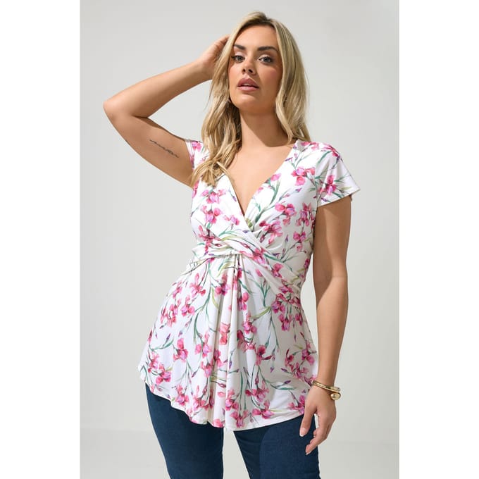 Yours London Witte Top Met Bloemenprint En Wikkel Aan De Voorkant Size 58-60