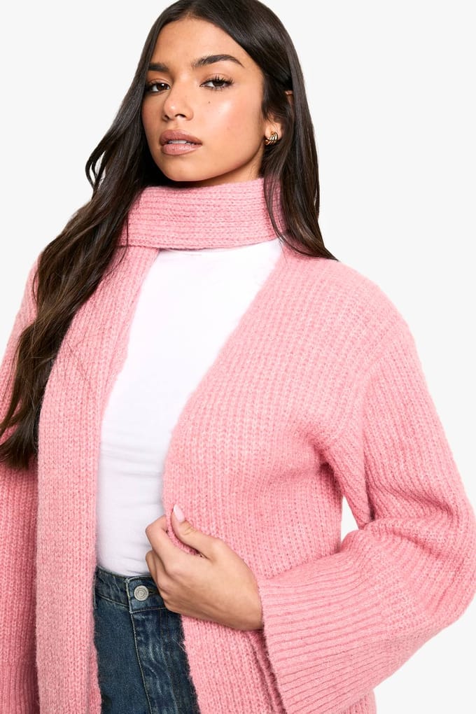 boohoo Dames Gebreide Maxi Cardigan en Oversized Sjaal Set | Pink | Maat: Small