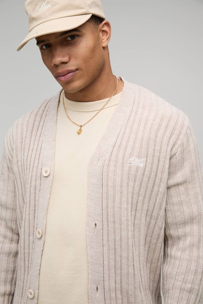 Men's Boxy Floral Varsity Geborduurde Jacquard Gebreide Cardigan | Ecru | Size Medium