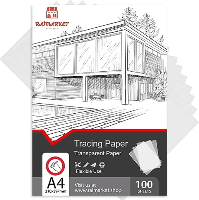 Tracing Paper Pack - 100 Sheets, 60gsm Transparent Paper for Drawing, Sewing and Architectural Drafting