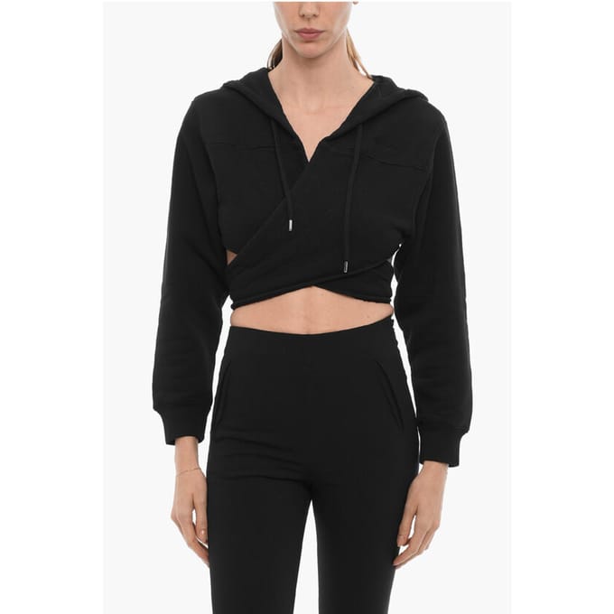 Effen cropped hoodie met wikkelmotief in zwart