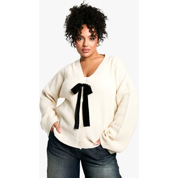 boohoo Dames Plus Cardigan met strikdetail | Creme | Maat: 54